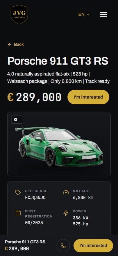 The same website on a phone: a car page